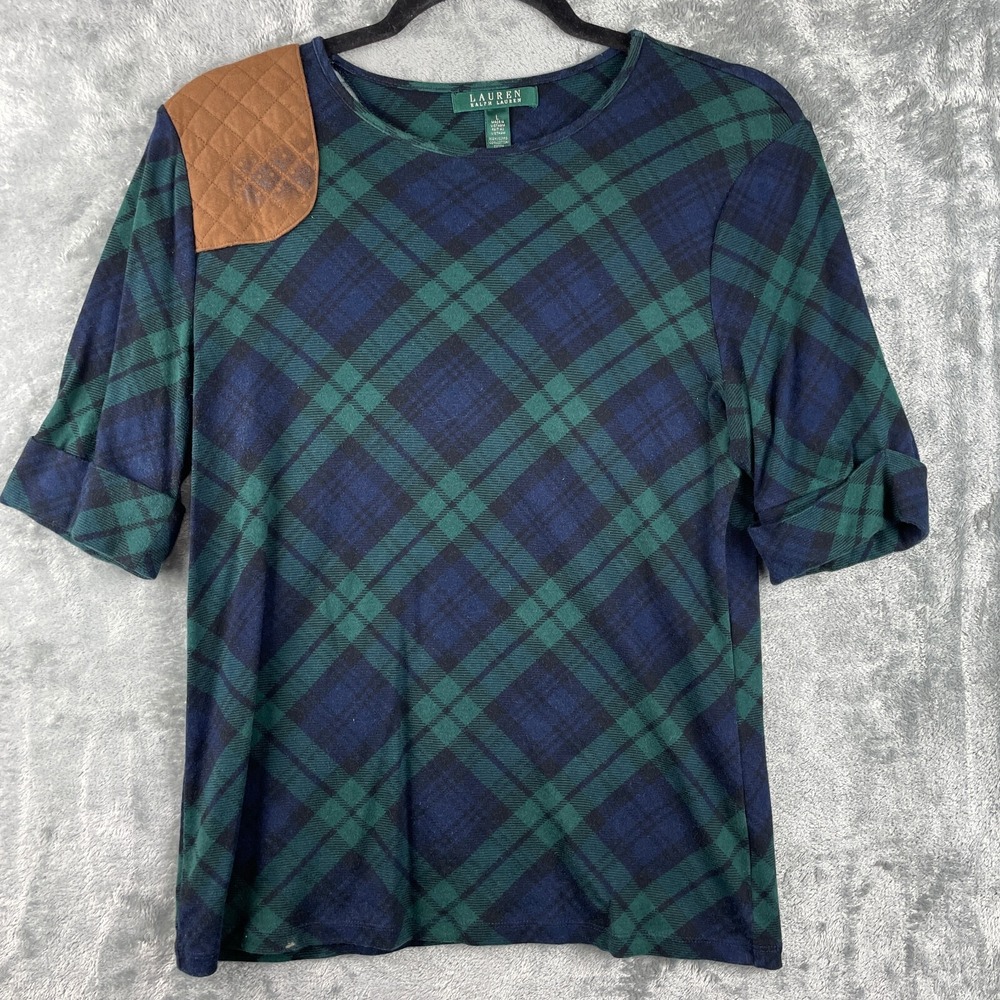 Lauren‎ Ralph Lauren Top Womens Large Green Blue Plaid Faux Suede Patch Preppy